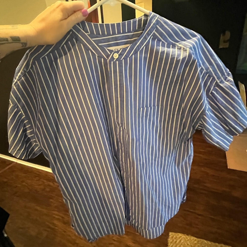 Alex Mill Blue Stripe Blouse with Band Collar Size M